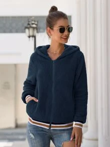 SHEIN LUNE Striped Zip Up Hooded Teddy Jacket - Navy Blue - View 3