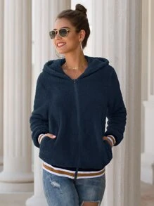 SHEIN LUNE Striped Zip Up Hooded Teddy Jacket - Navy Blue - View 5