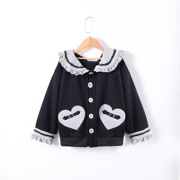 

Girls Heart Embroidered Frilled Sailor Collar Drop Shoulder Jacket, Black