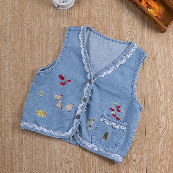 

Toddler Girls Flower And Animal Embroidered Lace Detail Denim Jacket, Light wash