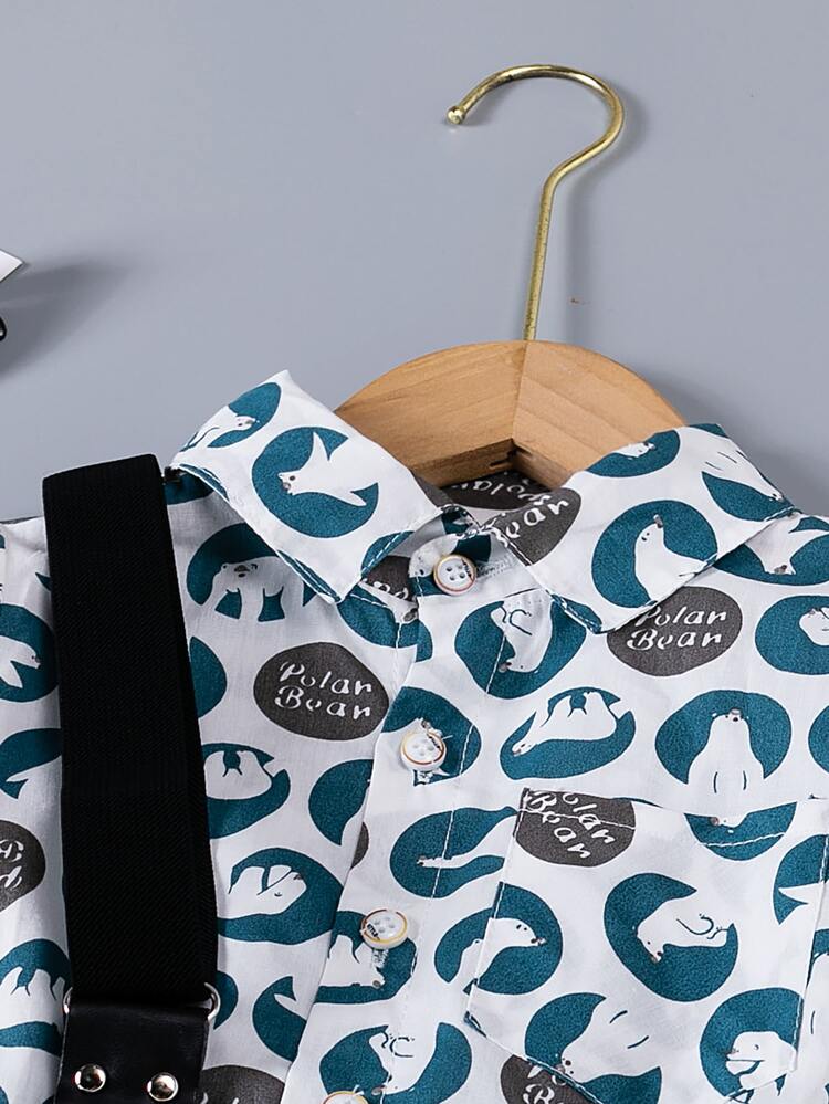 Toddler Boys Cartoon And Letter Graphic Shirt & Plaid Print One-sided Suspender Pants - Multicolor - View 3