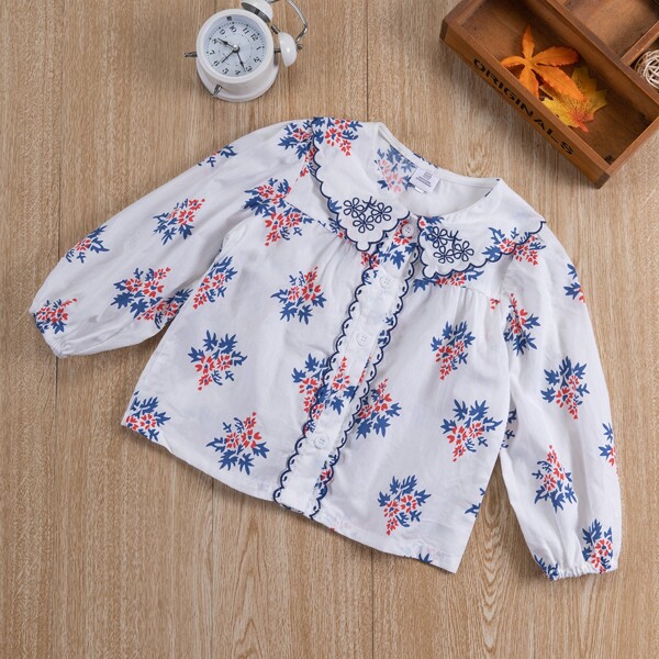 

Toddler Girls Floral Print Embroidered Peter-pan Collar Bishop Sleeve Blouse, Multicolor