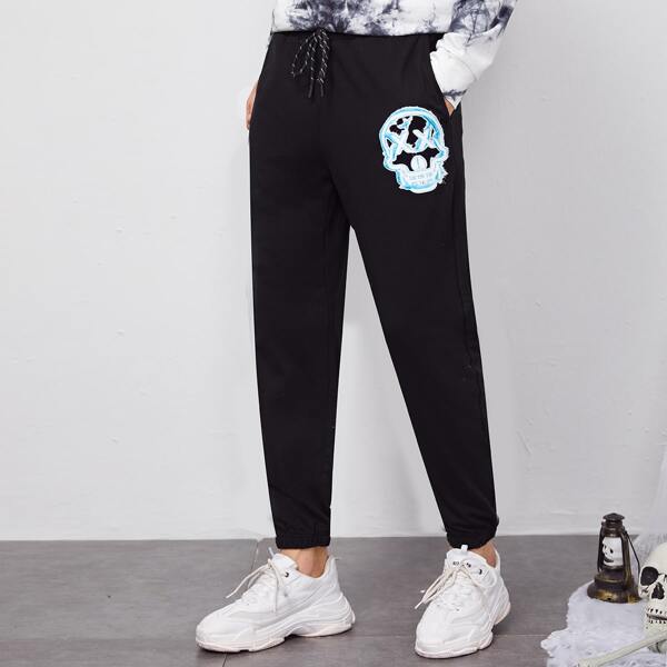 

Men Skull Print Slant Pocket Drawstring Sweatpants, Black