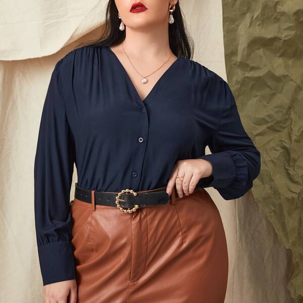 

Plus Button Through Solid Blouse, Navy blue
