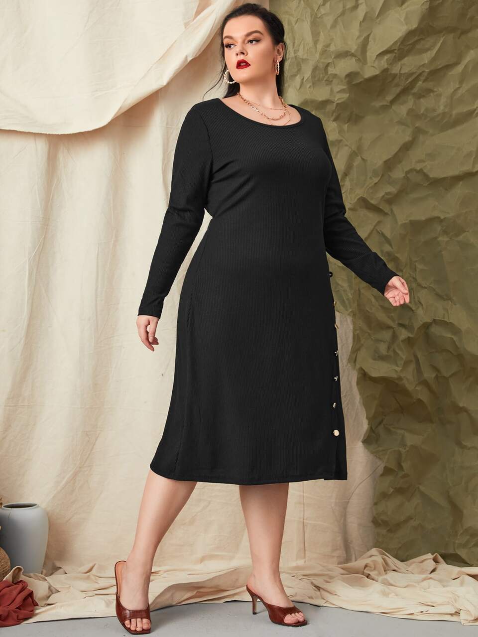 Plus Ribbed Knit Button Side Dress