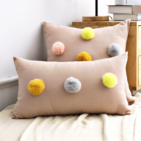 

1pc Pom Pom Decor Cushion Cover Without Filler, Pink