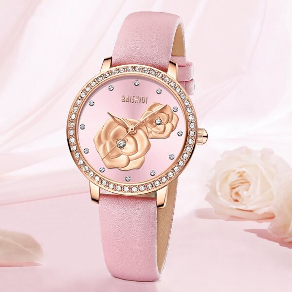 

Rhinestone Decor Flower Dial Quartz Watch