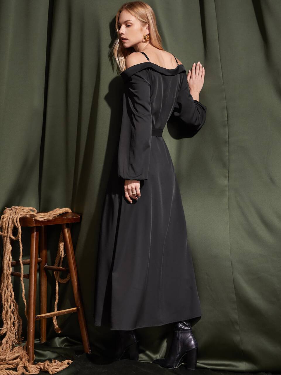 Foldover Cold Shoulder Hidden Pocket Belted Dress