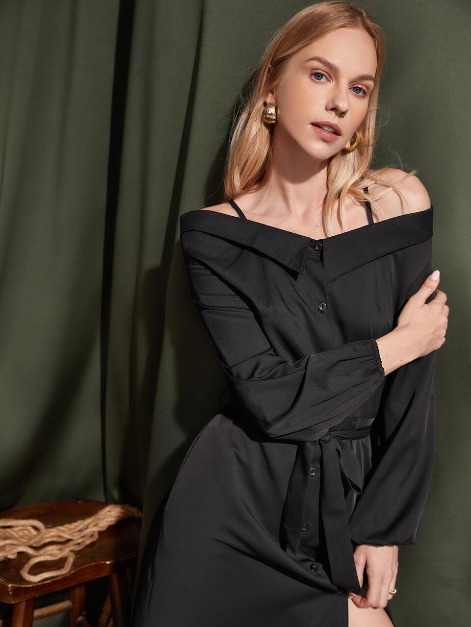 Foldover Cold Shoulder Hidden Pocket Belted Dress