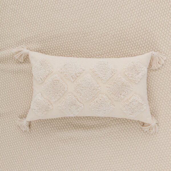 

1pc Tufted Tassel Decor Lumbar Pillow Cover Without Filler, Beige