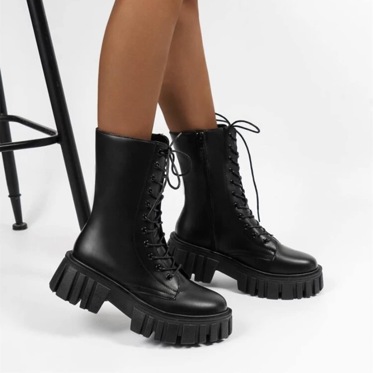 

Lace-up Front Combat Boots, Black