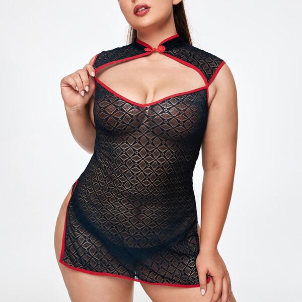 

Plus Cut-out Cheongsam Costume Dress With Thong, Black