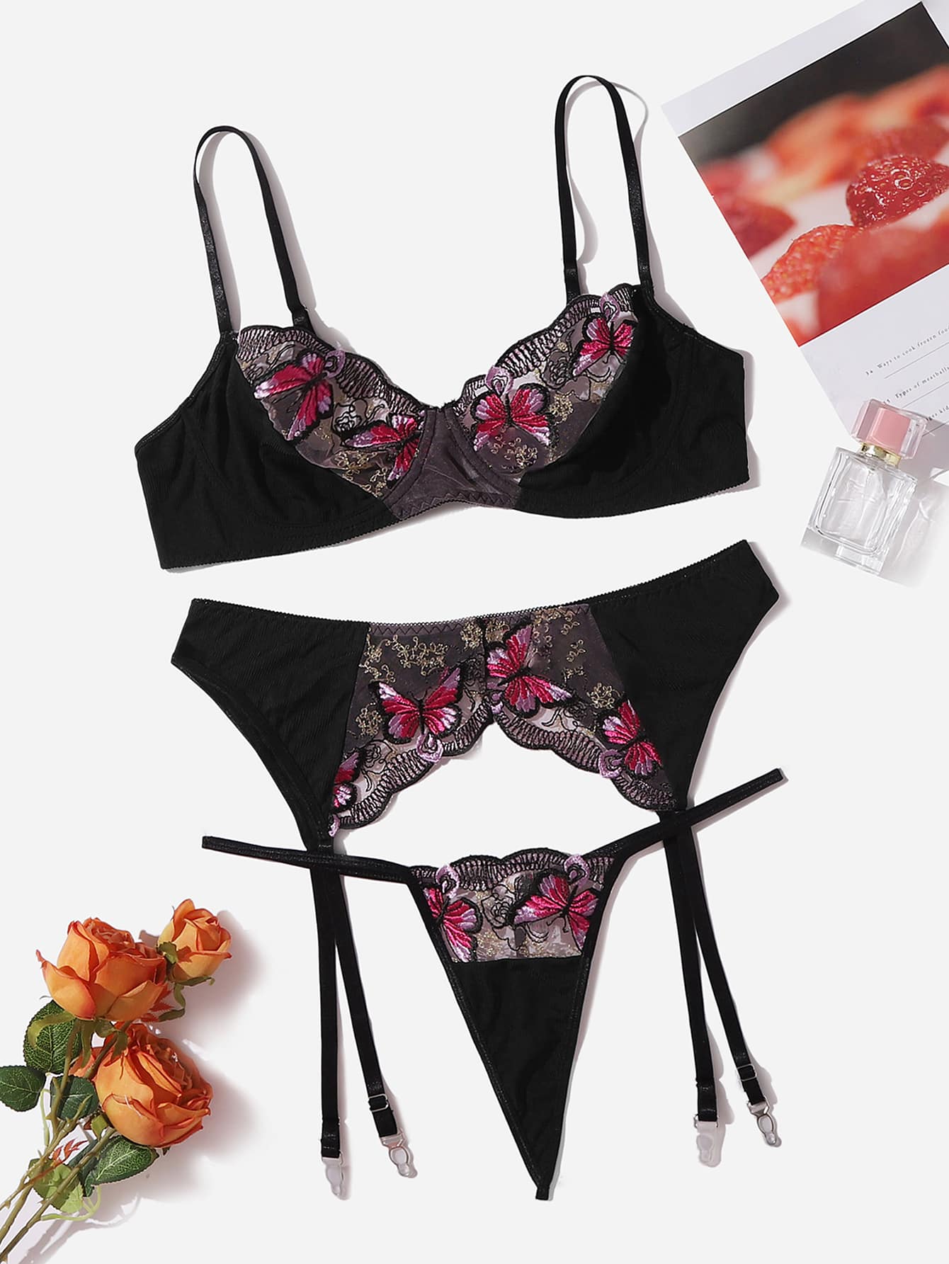 Plus Butterfly Embroidery Garter Lingerie Set - Multicolor - View 1