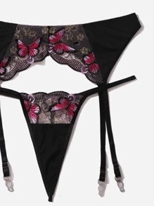 Plus Butterfly Embroidery Garter Lingerie Set - Multicolor - View 3
