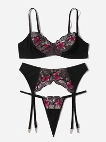 Plus Butterfly Embroidery Garter Lingerie Set - Multicolor - View 4