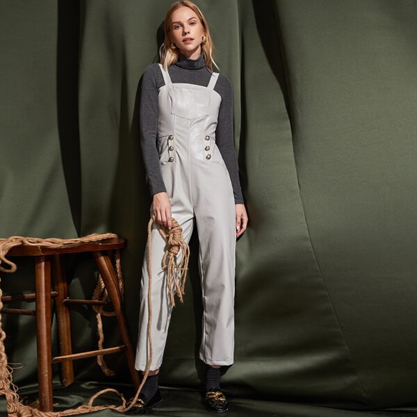 

Pocket Patched PU Leather Jumpsuit, Light grey