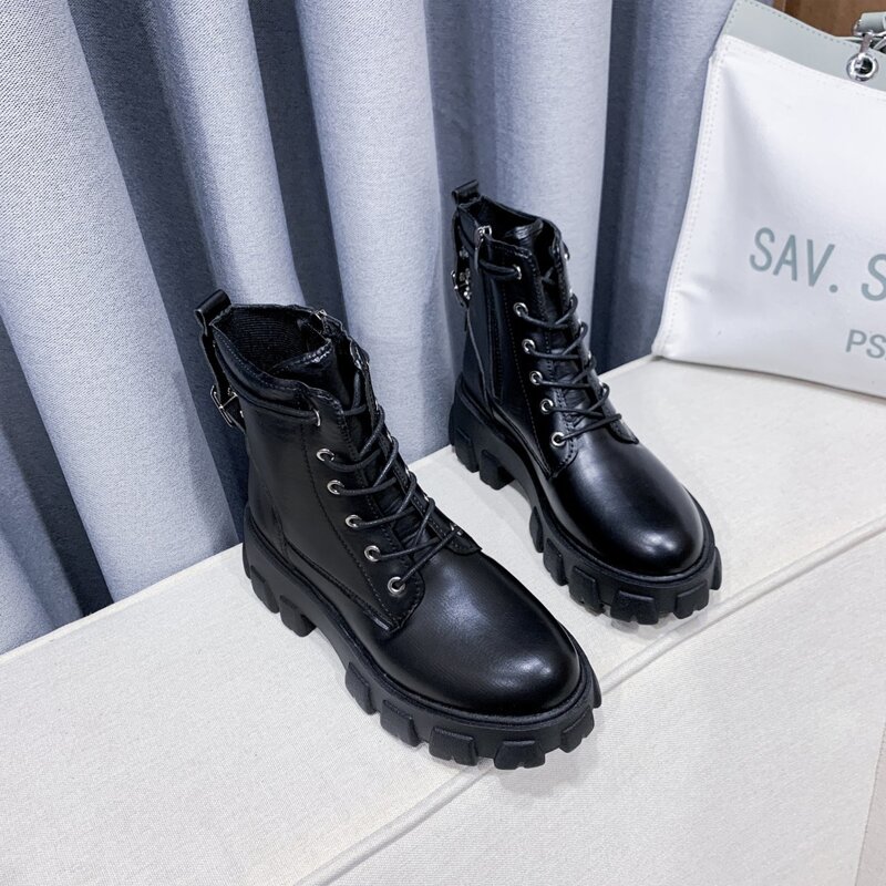 

Side Zipper Lace-up Front Combat Boots, Black