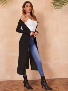 SHEIN LUNE Ribbed Knit Split Hem Open Front Coat - Black - View 2