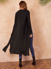 SHEIN LUNE Ribbed Knit Split Hem Open Front Coat - Black - View 3