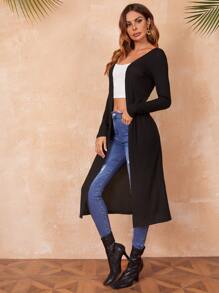 SHEIN LUNE Ribbed Knit Split Hem Open Front Coat - Black - View 1