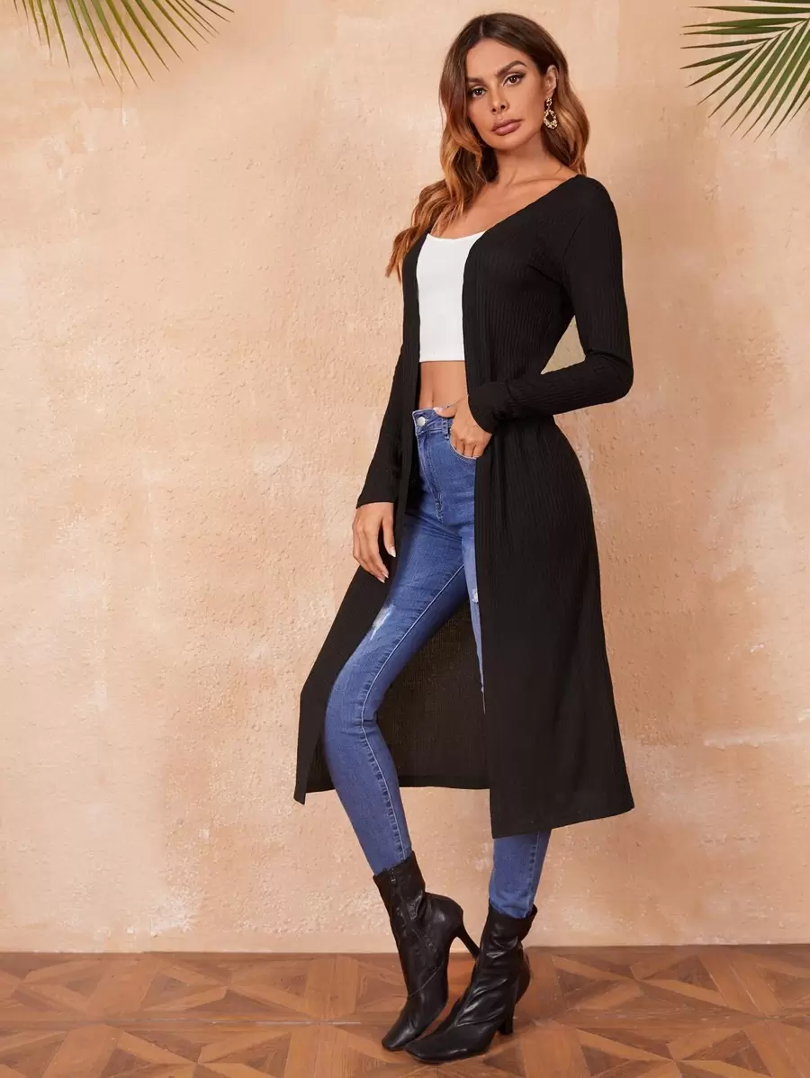 SHEIN LUNE Ribbed Knit Split Hem Open Front Coat - Black - View 1