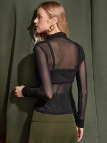 SHEIN Allurite Stand Neck Mesh Panel Top & Crop Cami Top - Black - View 2
