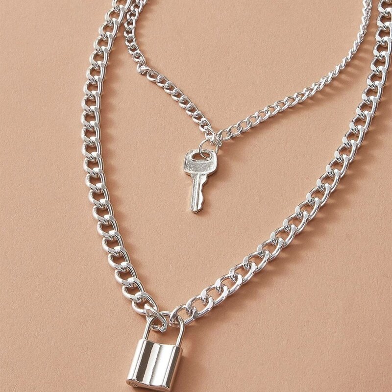 

Guys Lock & Key Pendant Layered Chain Necklace, Silver
