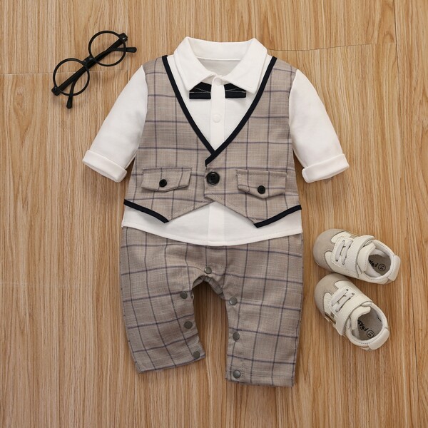 

Baby 2 In 1 Plaid Panel Bow Front Jumpsuit, Multicolor
