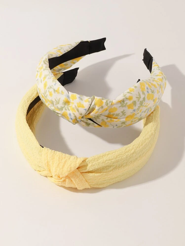 2pcs Women's Simple Elegant Yellow Solid & Floral Print Twist Headband, Suitable For Daily, Holiday, Party Wear Head Accessories Hairband Beauty Home Hair Accessories