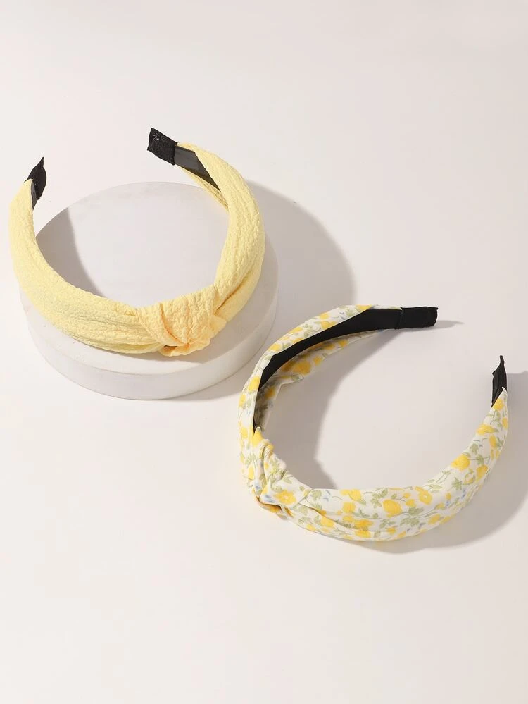 2pcs Women's Simple Elegant Yellow Solid & Floral Print Twist Headband, Suitable For Daily, Holiday, Party Wear Head Accessories Hairband Beauty Home Hair Accessories