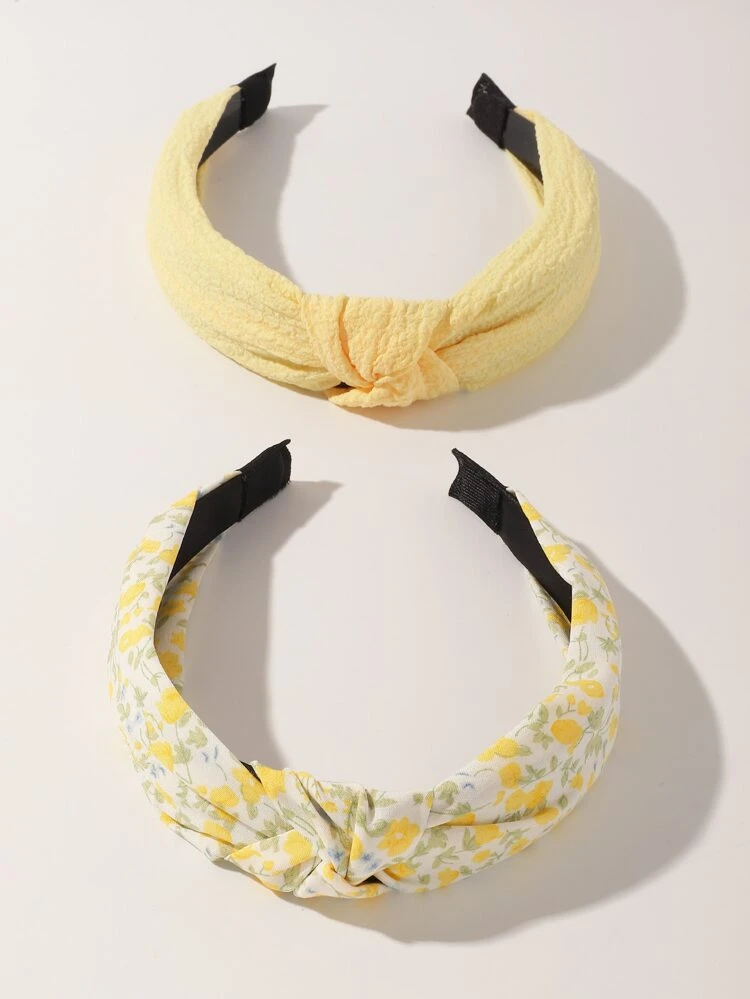 2pcs Women's Simple Elegant Yellow Solid & Floral Print Twist Headband, Suitable For Daily, Holiday, Party Wear Head Accessories Hairband Beauty Home Hair Accessories