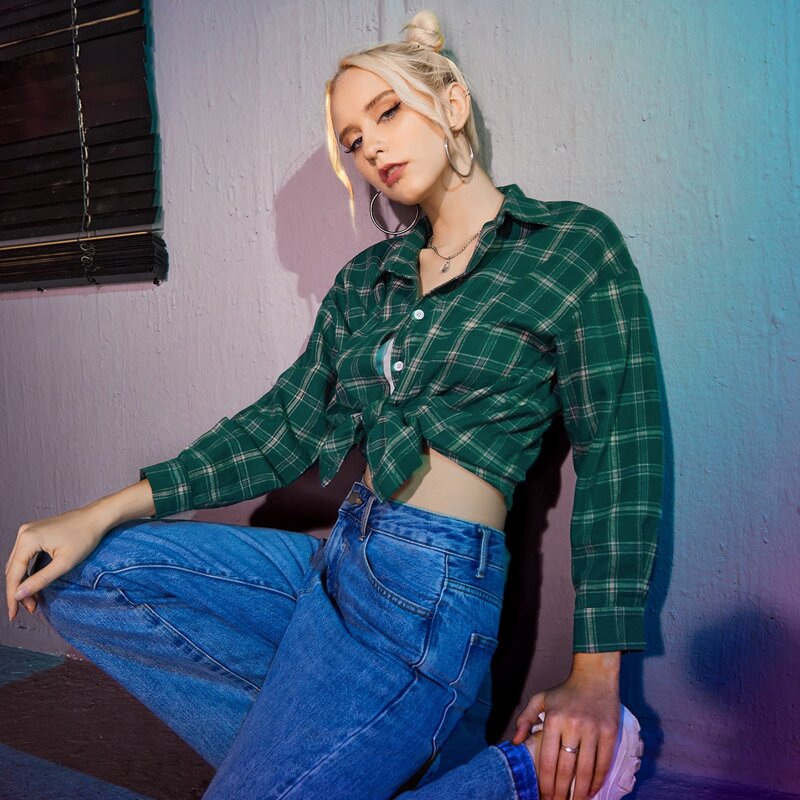 

Plaid Button Front Blouse, Dark green