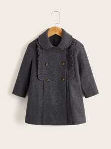 小女童荷葉邊雙排釦花呢外套 - 深灰色 - 查看 1