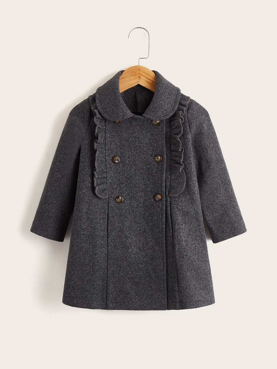 小女童荷葉邊雙排釦花呢外套 - 深灰色 - 查看 1