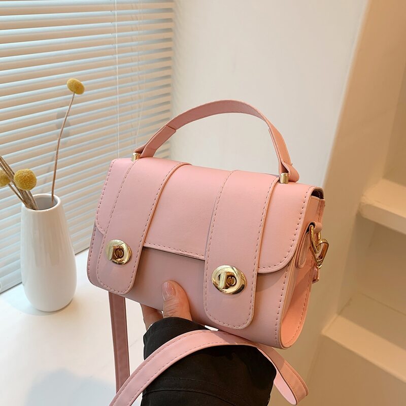 

Turn-lock Flap Satchel Bag, Pink