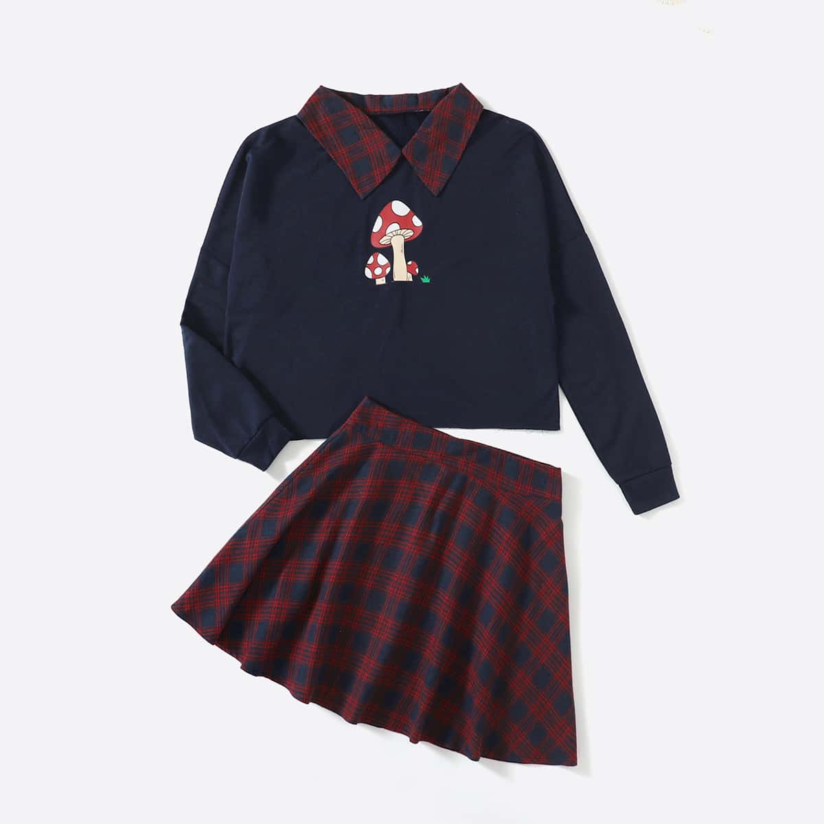 

Contrast Plaid-collar Cartoon Graphic Crop Tee & Skirt, Multicolor