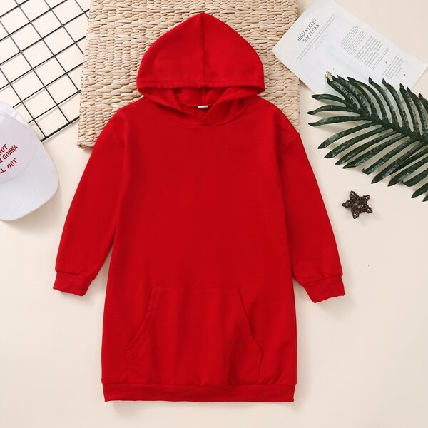 

Girls Solid Kangaroo Pocket Hoodie Dress, Red