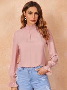 SHEIN Privé 素色打褶鐘形袖上衣 - 藕粉色 - 查看 1