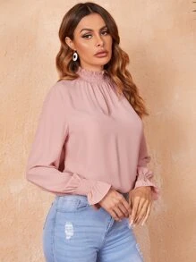 SHEIN Privé 素色打褶鐘形袖上衣 - 藕粉色 - 查看 3