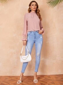 SHEIN Privé 素色打褶鐘形袖上衣 - 藕粉色 - 查看 4