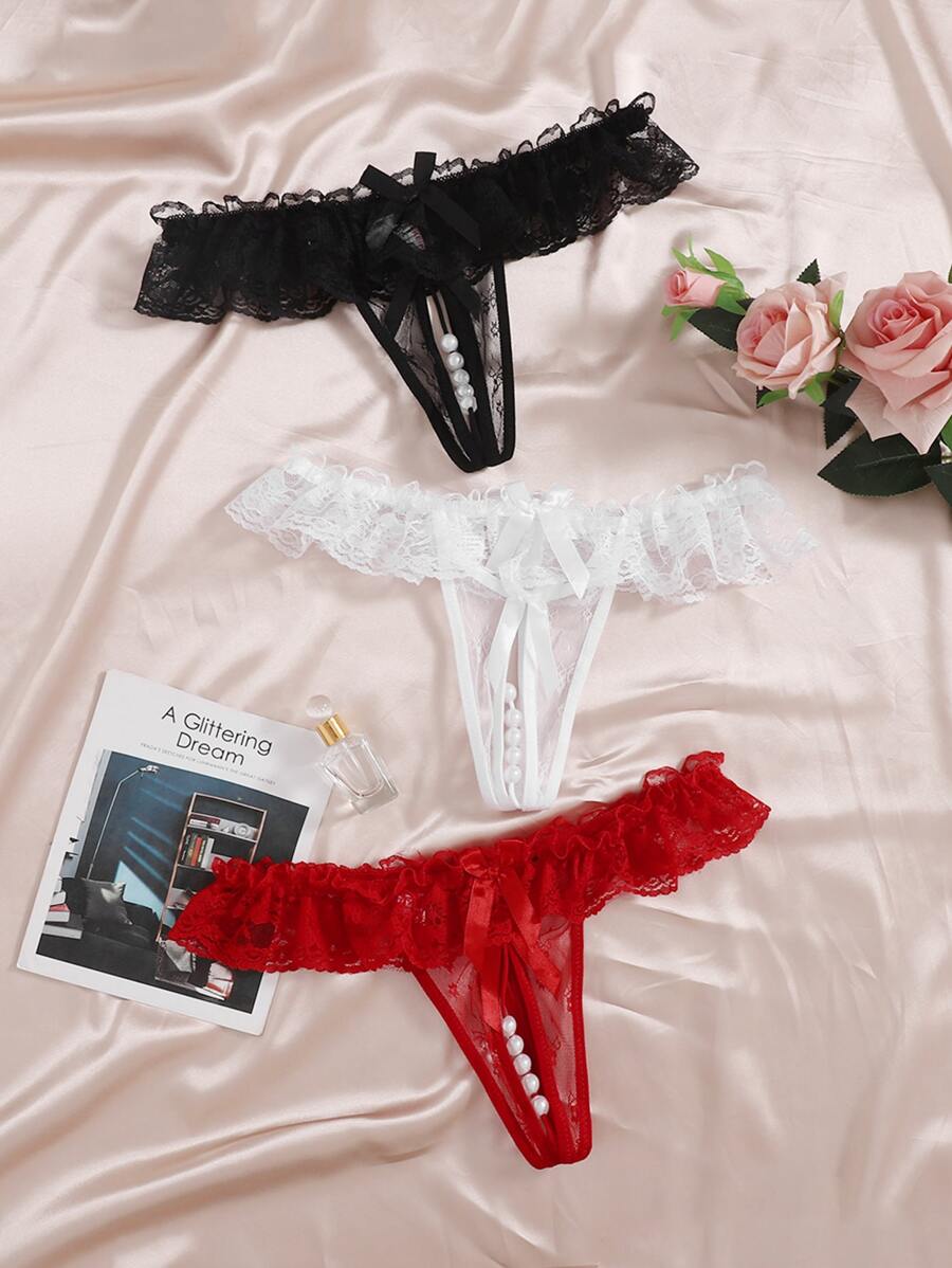 3 piezas Set bragas con diseño de perla artificial con encaje - Multicolor - Ver 1