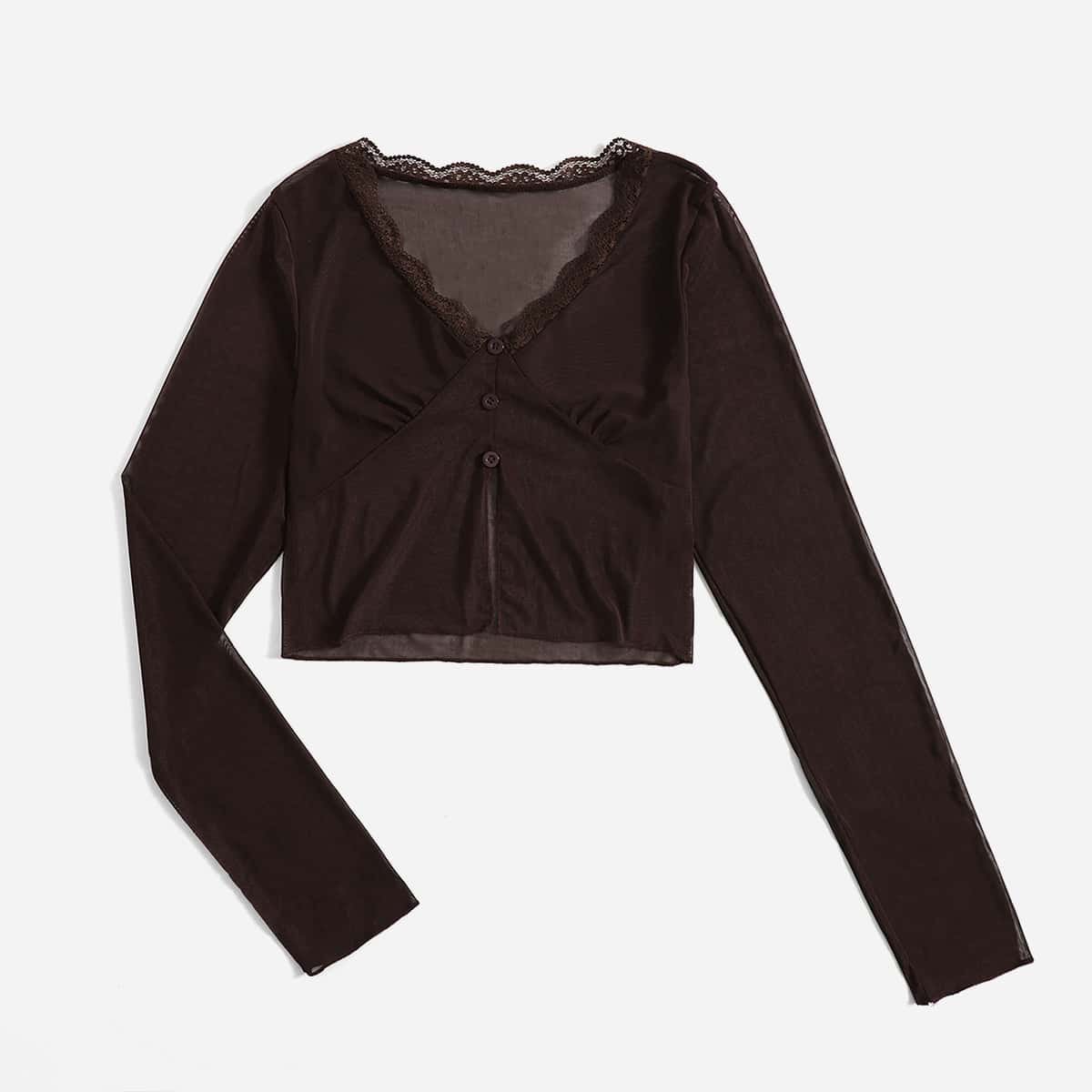 

Solid Buttoned Mesh Top, Chocolate brown