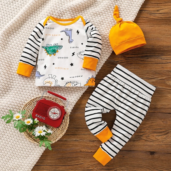 

Baby Cartoon And Striped Print Top & Sweatpants With Hat, Multicolor