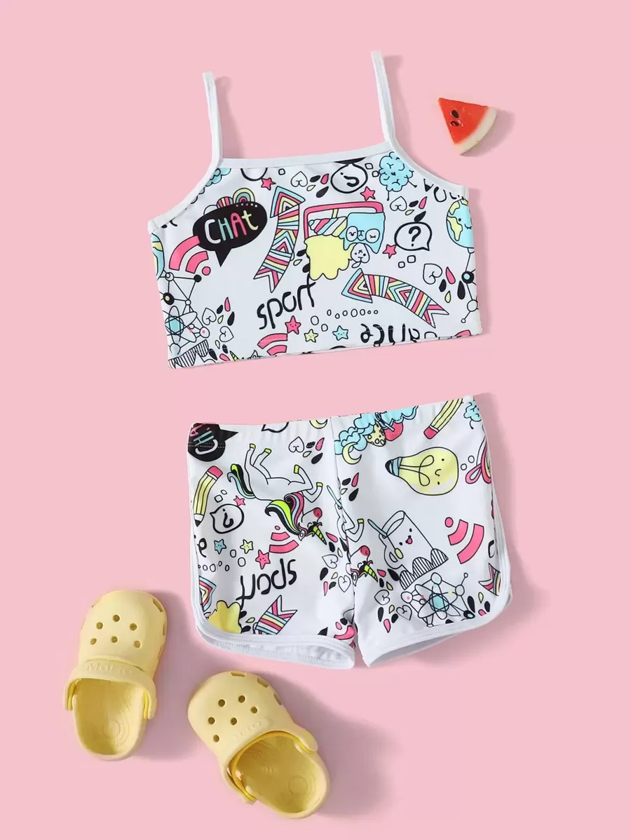 Young Girl Cartoon Graphic Bikini Set Summer Beach - Multicolor - View 1