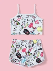 Young Girl Cartoon Graphic Bikini Set Summer Beach - Multicolor - View 2