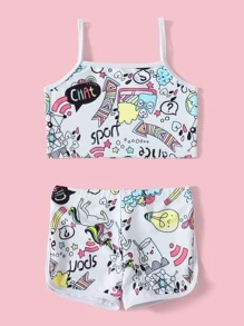 Young Girl Cartoon Graphic Bikini Set Summer Beach - Multicolor - View 4