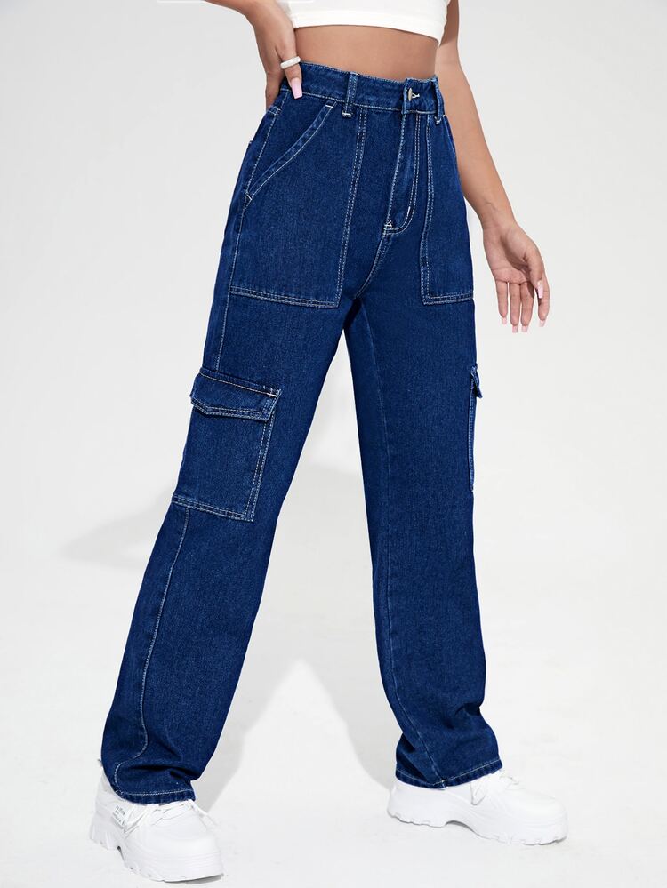 High Waist Flap Pocket Whip Stitch Cargo Jeans - Medium Wash - View 3