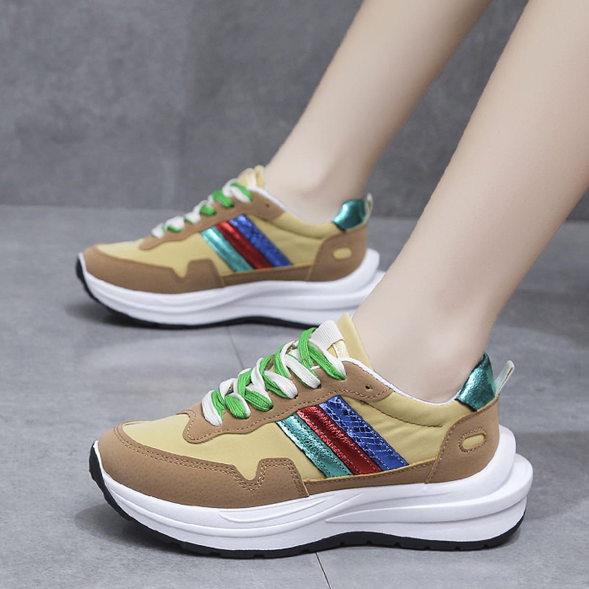 

Lace-up Front Striped Sports Shoes, Khaki