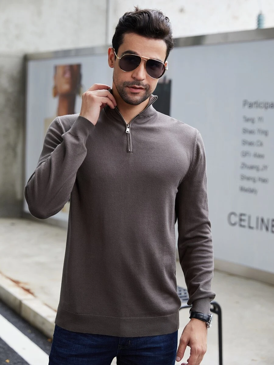 Manfinity Men Quarter Zip Sweater - Chocolate Brown - View 1