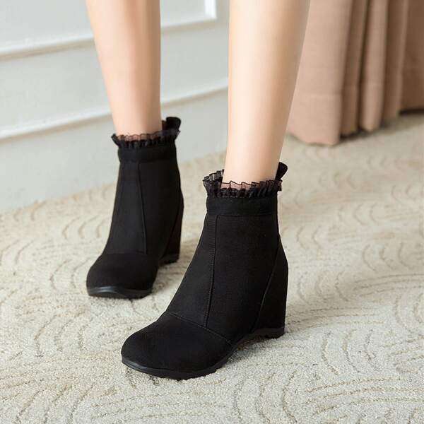

Suede Frill Trim Detail Wedge Boots, Black